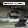 A car sun visor can holder with a belt clip is shown being used to secure a pouch on a bumpy road.