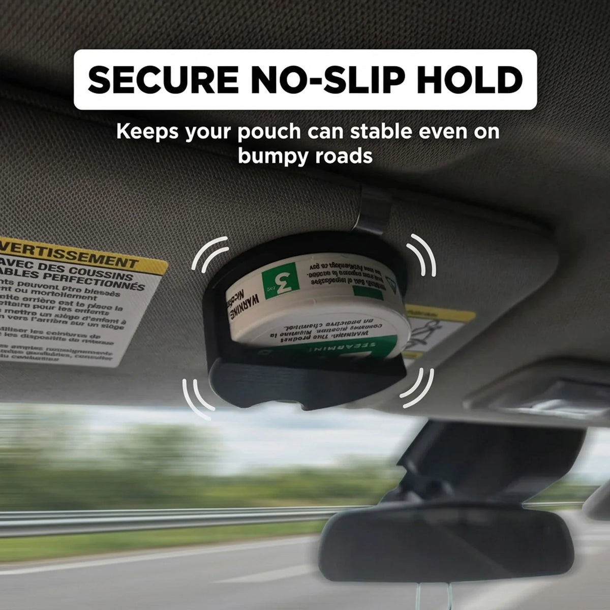 A car sun visor can holder with a belt clip is shown being used to secure a pouch on a bumpy road.