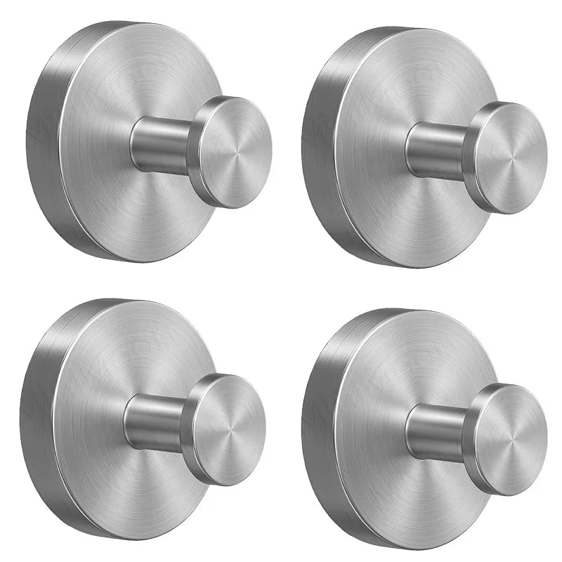 A round, brushed stainless steel suction cup towel hook with a cylindrical mounting post.