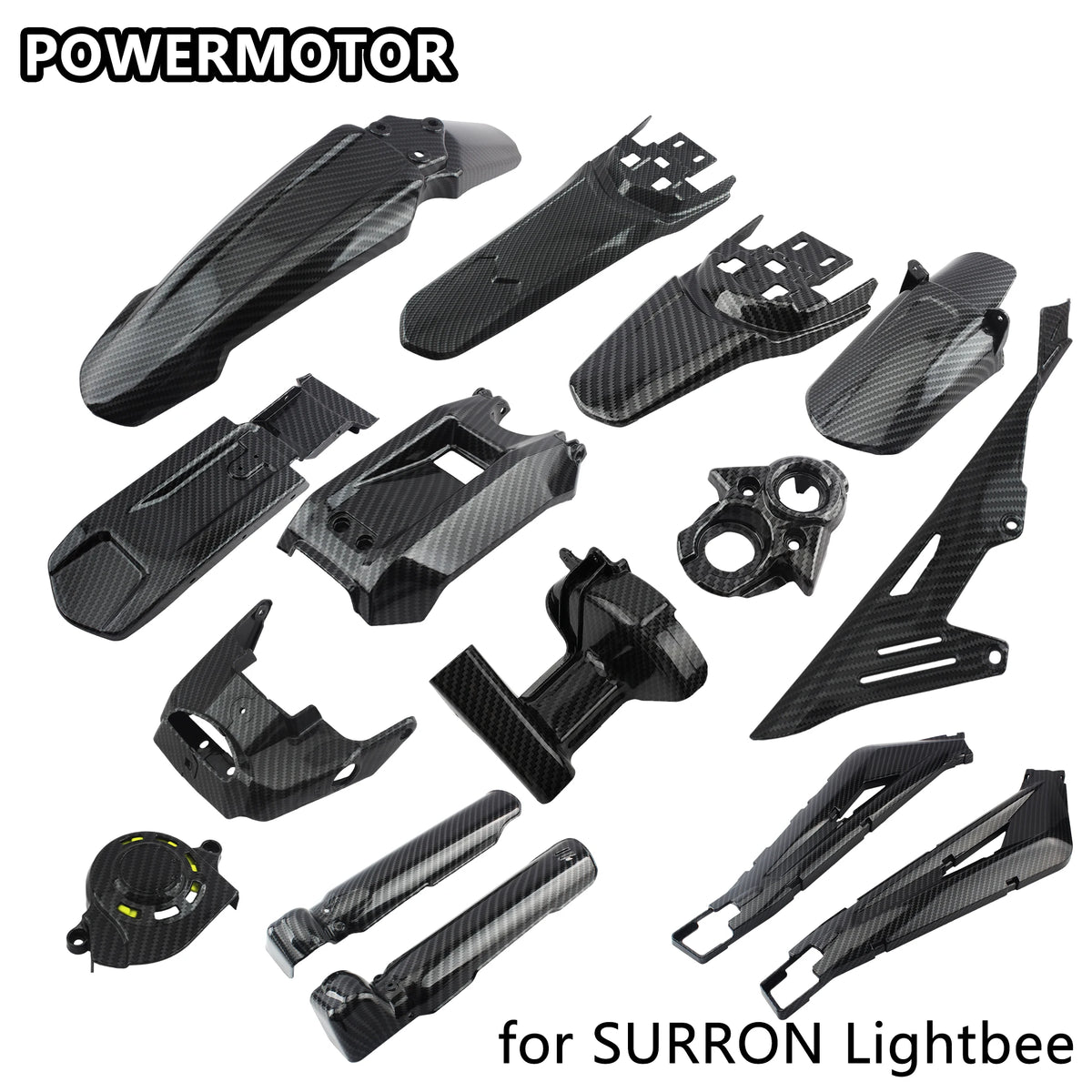 Carbon fiber body kit components for a Surron Lightbee motorcycle
