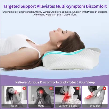 A person is lying down using a white memory foam pillow designed to alleviate multi-symptom discomfort.