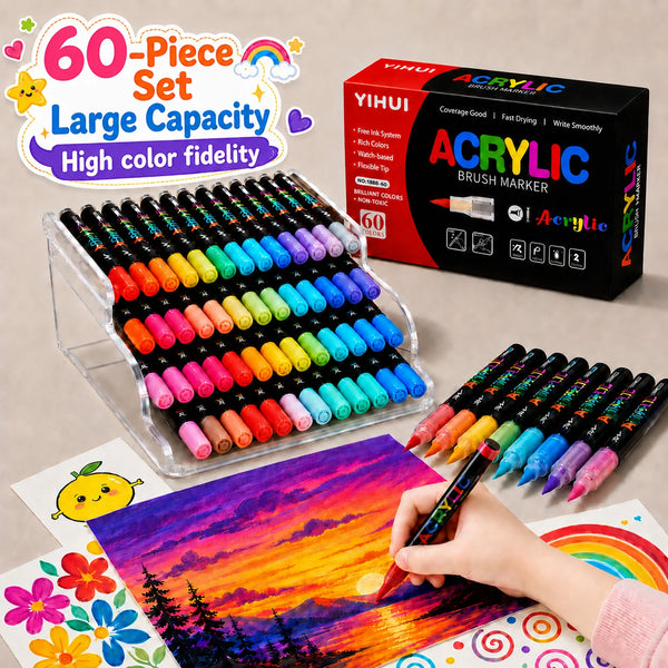 A set of 60 acrylic brush marker pens in various colors is displayed next to a box and on a colorful painting surface.
