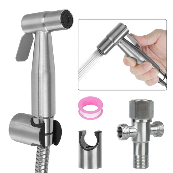 Stainless steel handheld bidet sprayer with various attachments and a threaded nozzle.