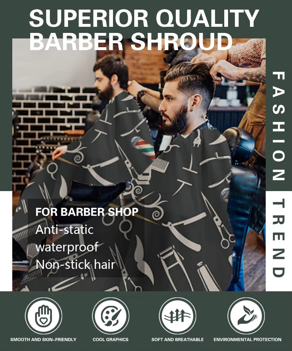 Superior quality barber shroud or waterproof hair cutting cape shown in use by a barber
