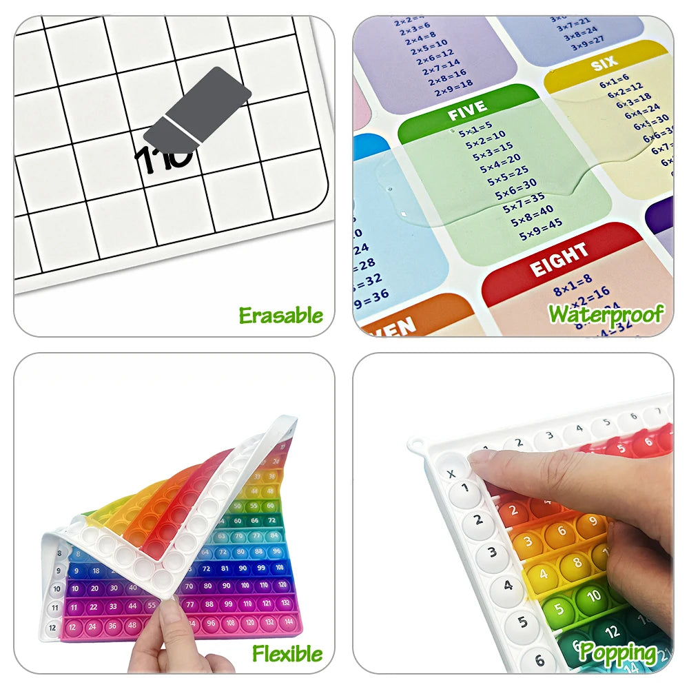A set of multiplication practice flashcards featuring erasable numbers and a waterproof set with popping features.
