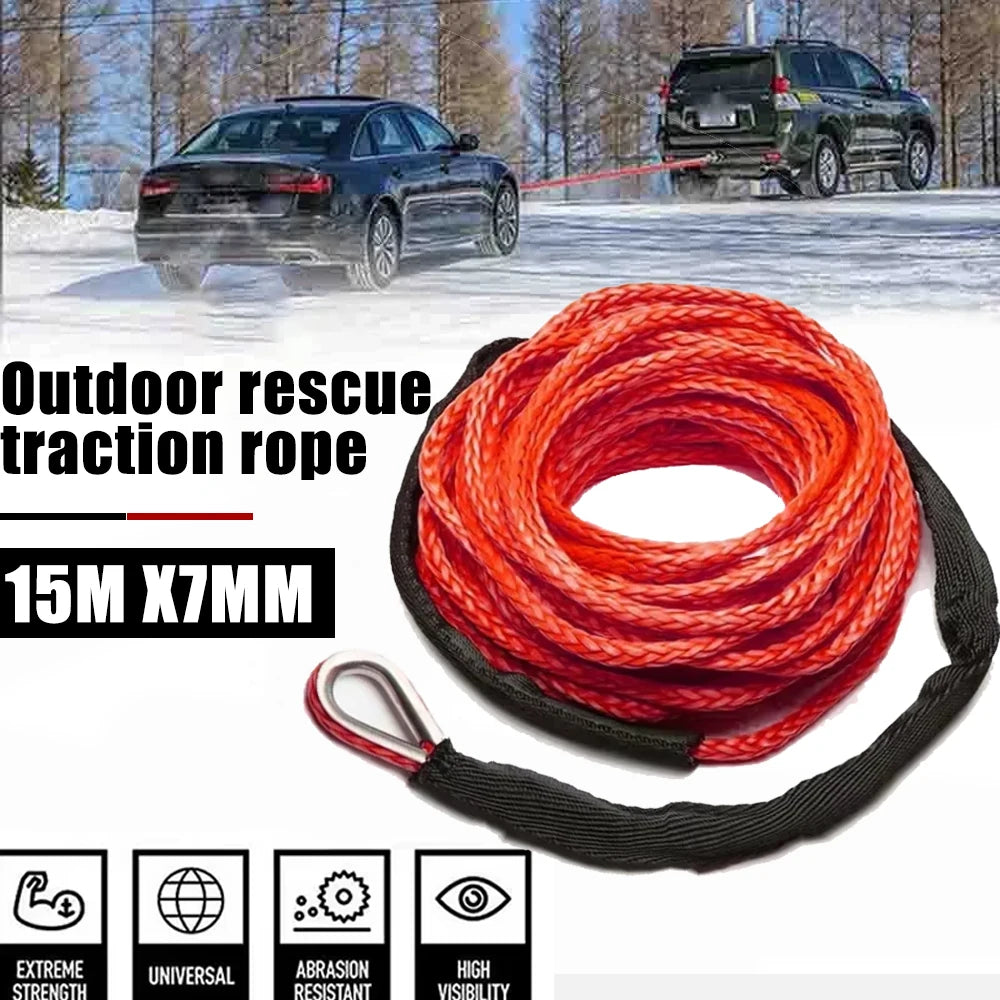 Red outdoor rescue traction rope coiled in a black sheath with various features listed below.