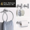 A set of four stainless steel bathroom hardware accessories including a towel ring, hooks, and toilet paper holder.