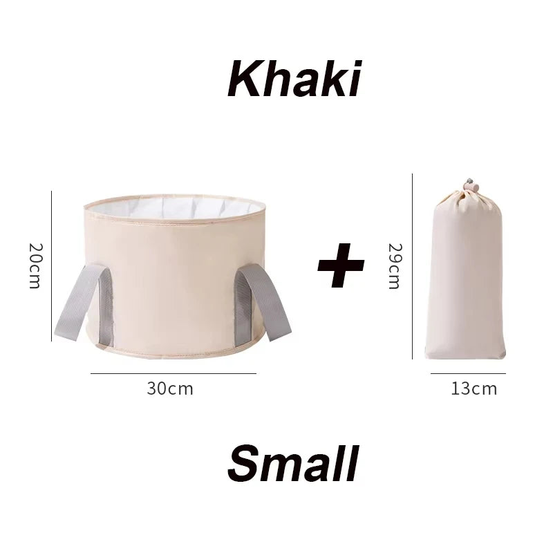 Khaki collapsible foot bath tub with an insulated liner and a travel storage bag