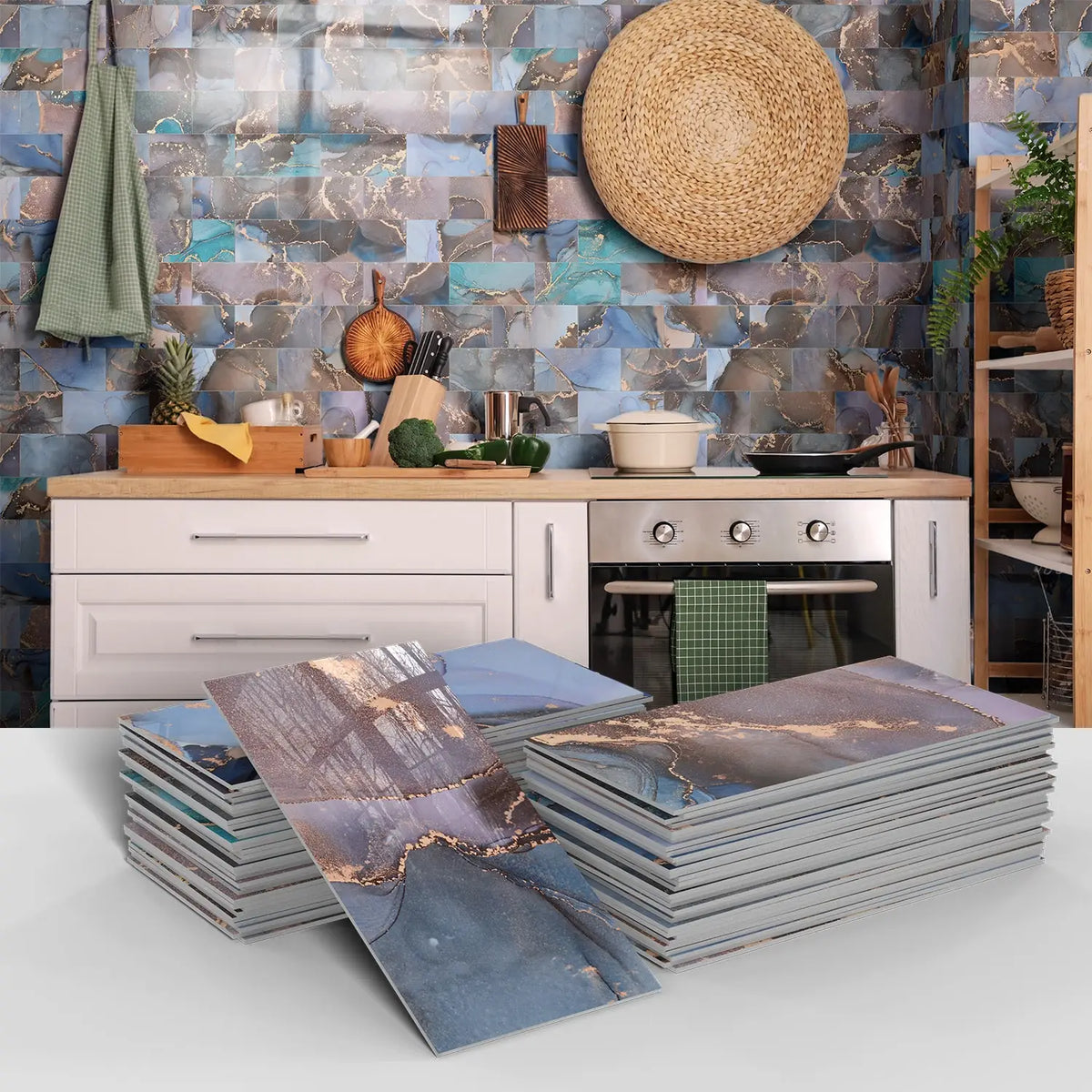 A stack of blue and gold marble self-adhesive wall stickers displayed in front of a rustic kitchen background.
