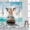 Cat Riding Dinosaur Shower Curtain with Ocean Wave Design