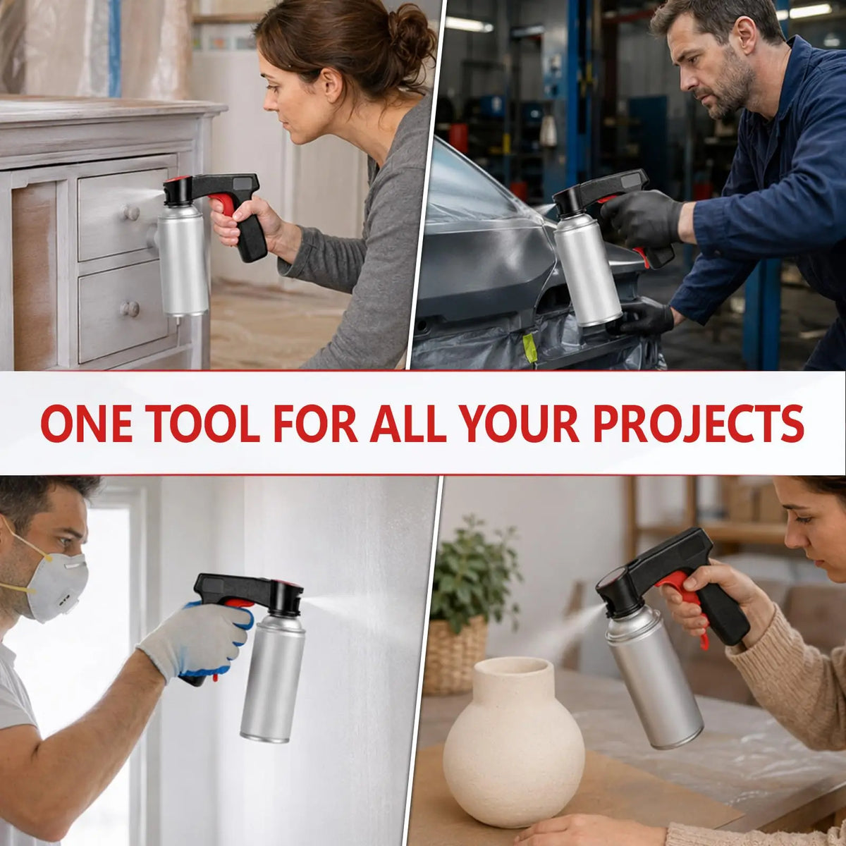 A person is using an ergonomic aerosol spray can with a trigger grip to clean a cabinet surface.
