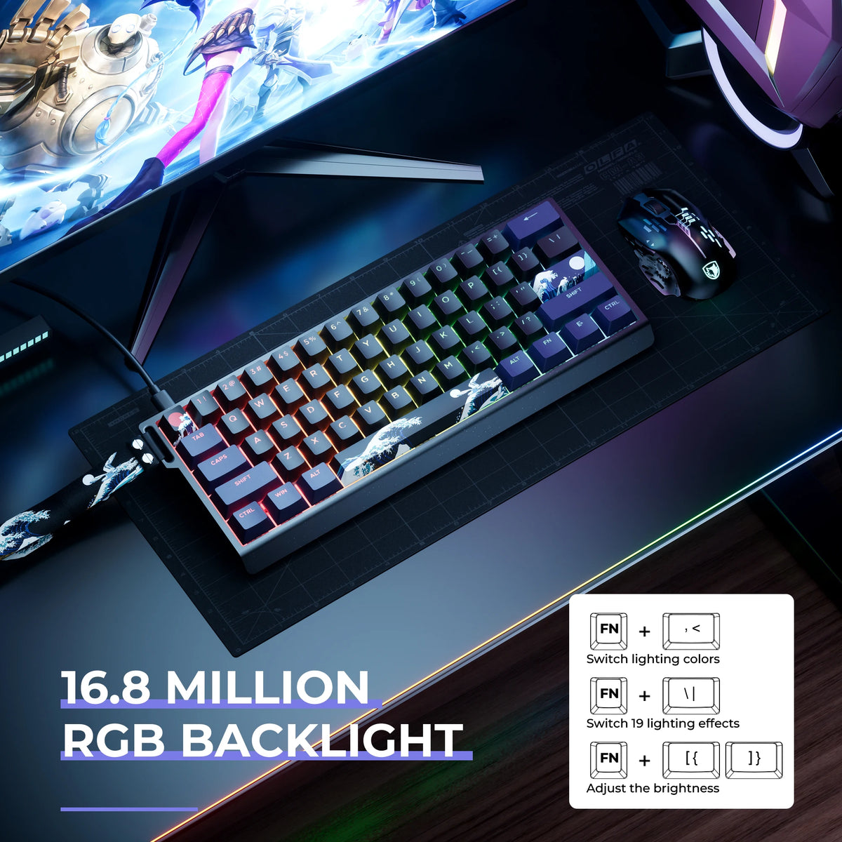 A close-up view of a compact aluminum mechanical keyboard with custom art keycaps and RGB backlight on a dark surface.
