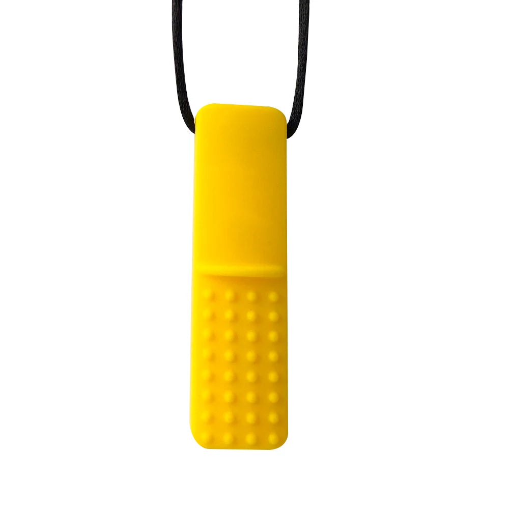 Yellow silicone sensory chew necklace pendant with a black cord