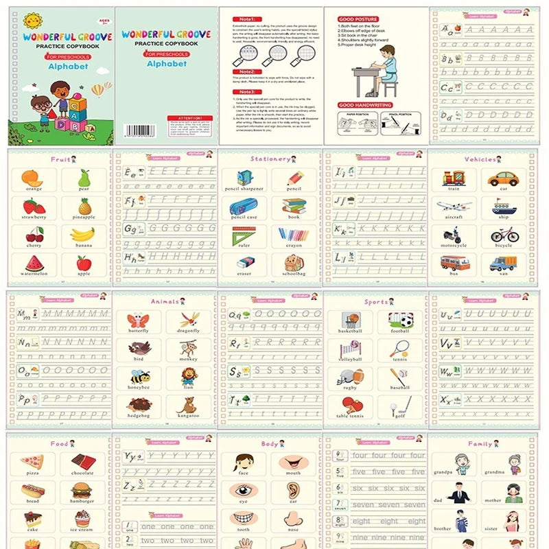 A collection of reusable magic copybooks for kids featuring alphabet, handwriting, and various subjects like fruits, animals,