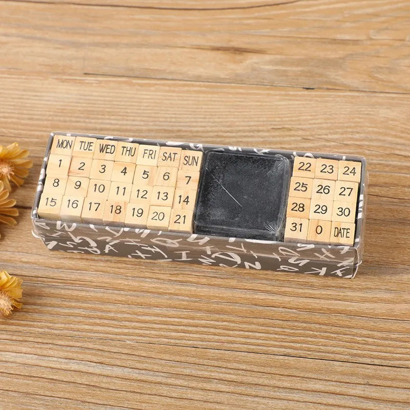 Vintage Wooden Rubber Stamp Set with Ink Pad