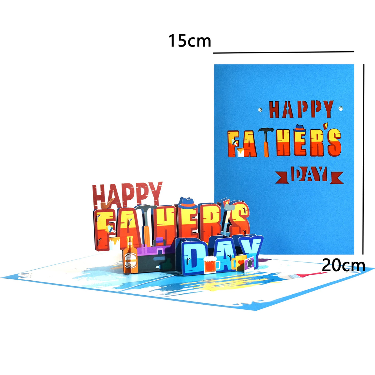 A 3D pop-up Father's Day greeting card featuring colorful letters and a notecard against a blue background.