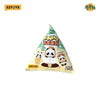 A blind box featuring a panda figure inside a triangular packaging.