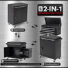 A black 2-in-1 detachable tool chest featuring a separate storage cabinet and a combination unit.