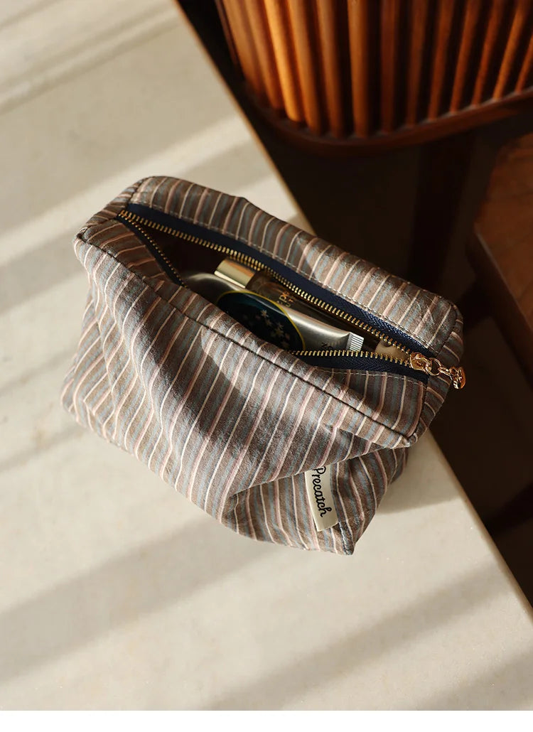 Checkered Striped Cosmetic Bag – Compact Travel Organizer