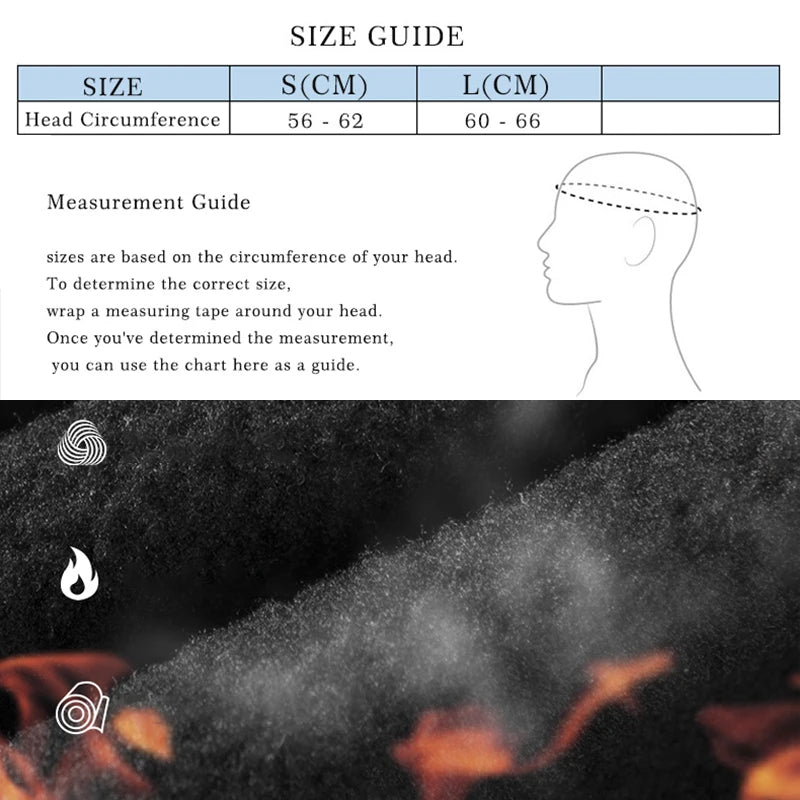 A size guide chart showing measurements for a full face balaclava mask.