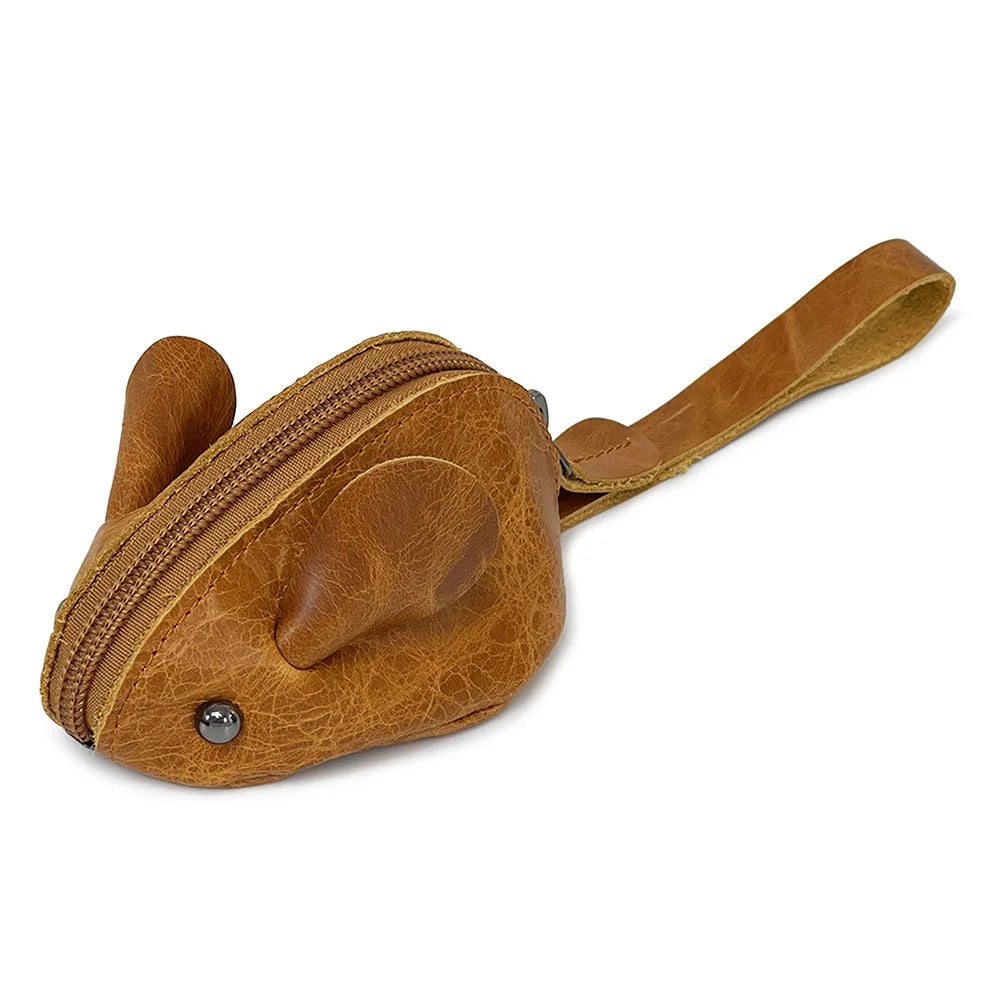 A genuine leather cartoon mouse coin purse in a tan brown color with a strap.