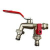 A brass garden water faucet with a red lever handle and threaded connections.