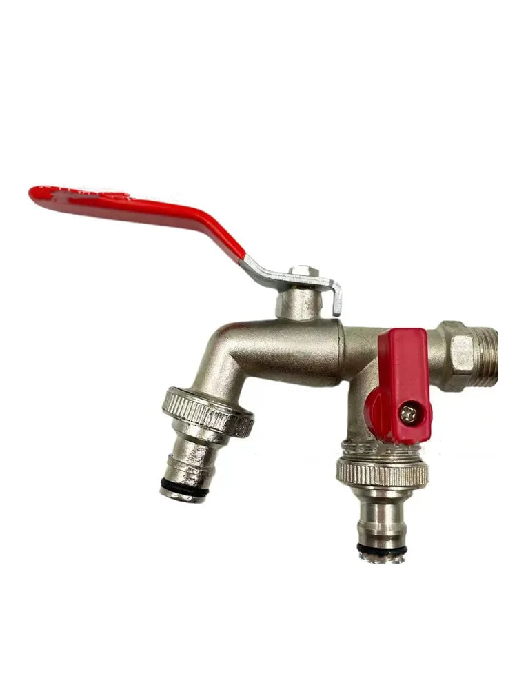 A brass garden water faucet with a red lever handle and threaded connections.