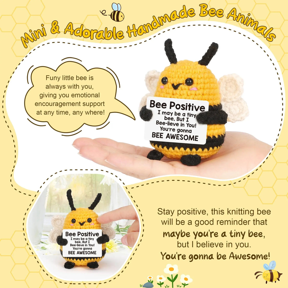 A yellow knitted bee animal figurine with an inspirational card on a hand.
