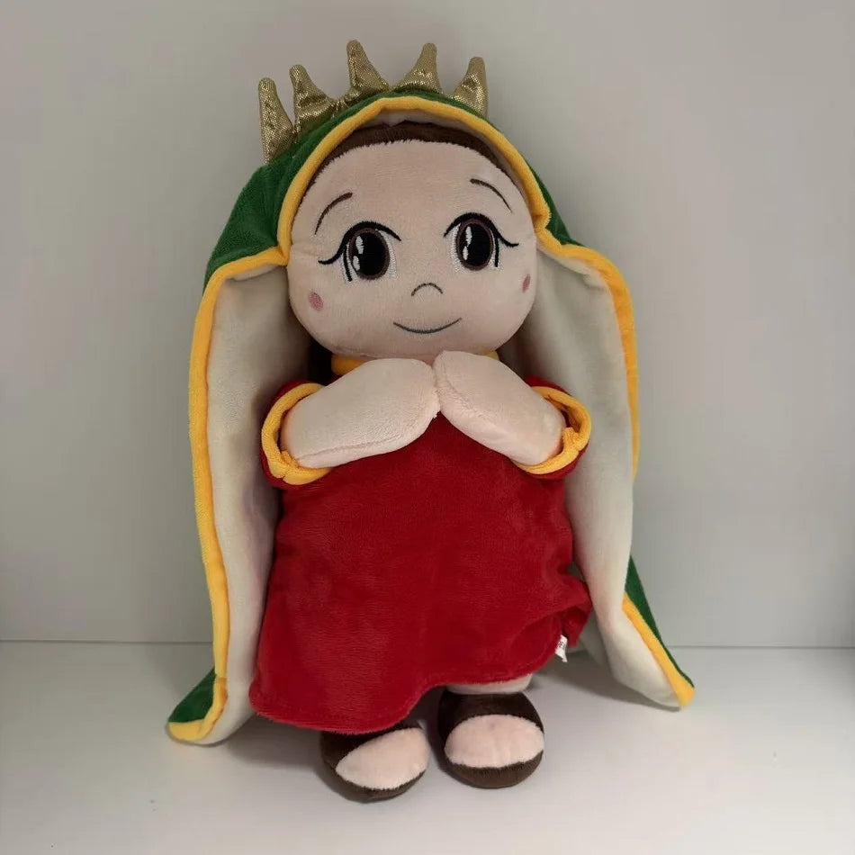 A plush toy of Jesus with a crown and green hood wearing a red garment.