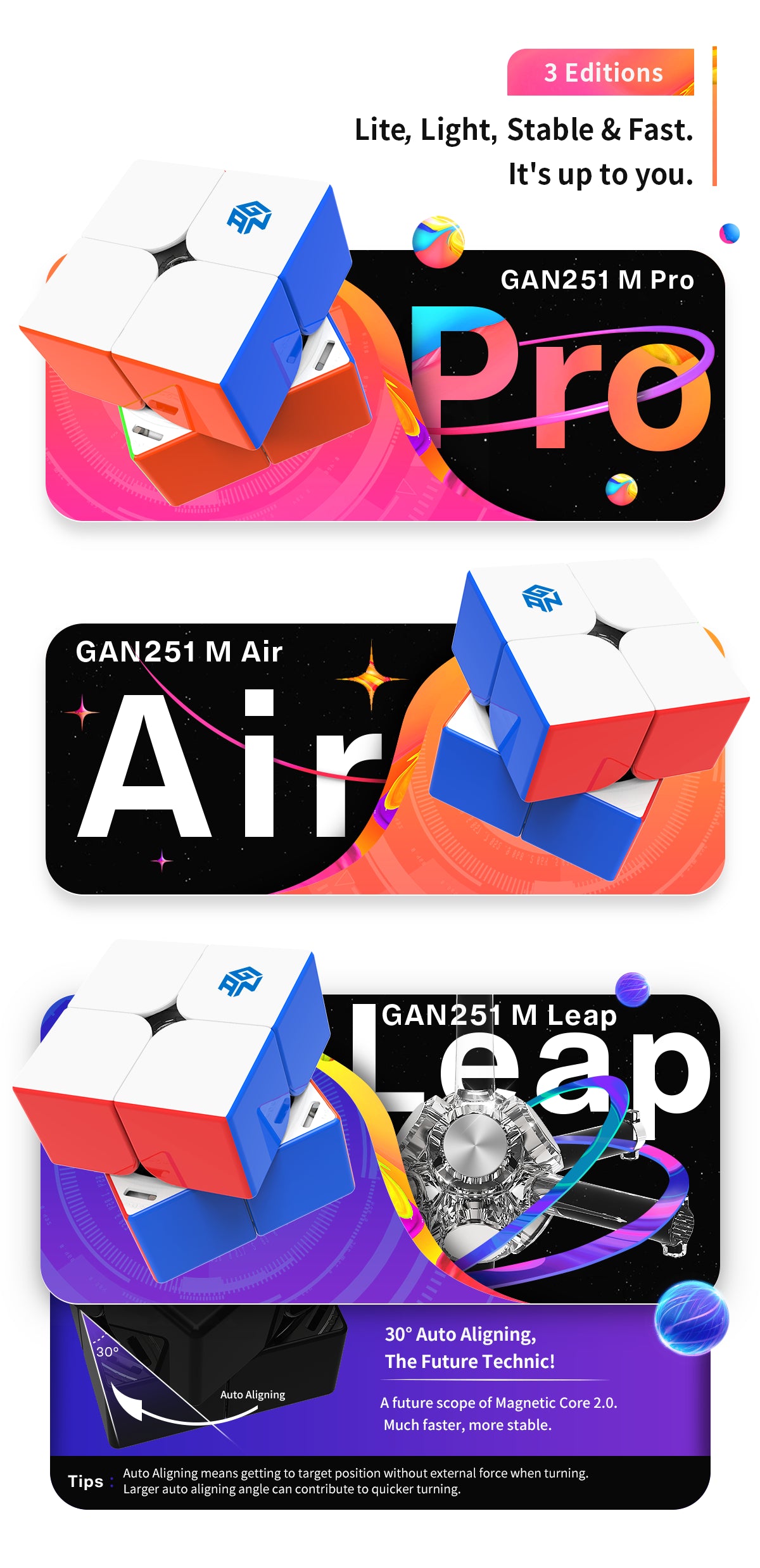 Three editions of the GAN251 M cube showing Pro Air and Leap versions with colorful magnetic cubes.