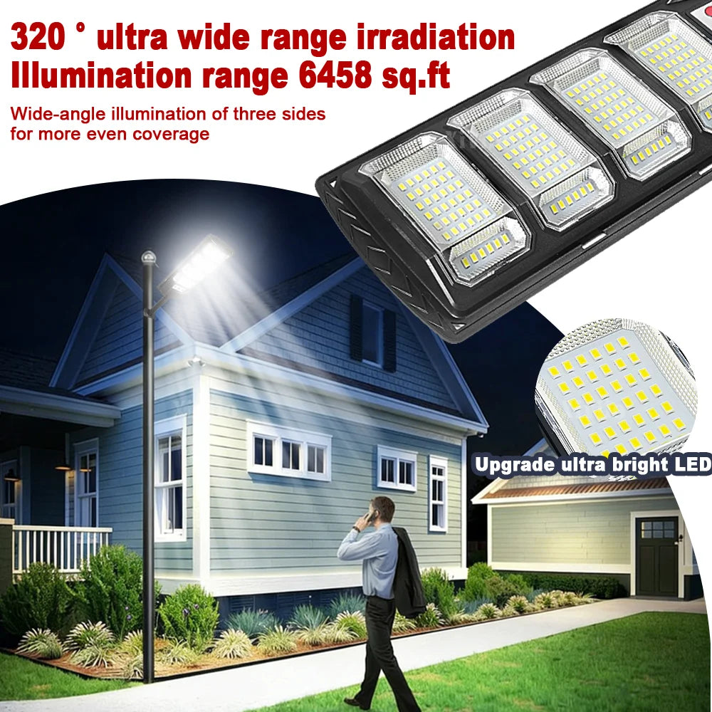 A 320° ultra wide range illumination LED light fixture mounted on a pole illuminating a residential exterior.