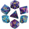 A set of seven polyhedral dice in various colors and angles for role-playing games