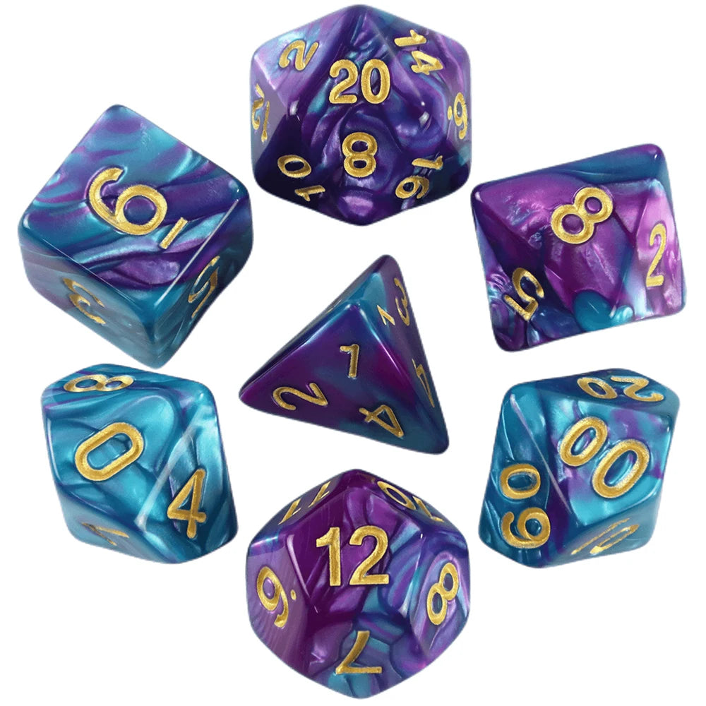 A set of seven polyhedral dice in various colors and angles for role-playing games