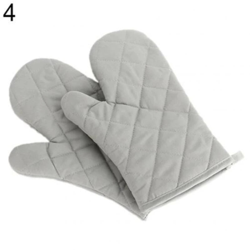 A pair of gray quilted heat-resistant oven mitts shown from the side.