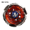 A BB-121A spinning top featuring an orange translucent body and a blue hexagonal emblem.