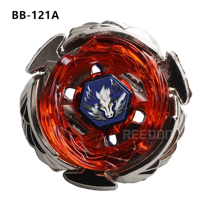 A BB-121A spinning top featuring an orange translucent body and a blue hexagonal emblem.
