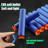 A hand is holding a blue soft suction cup bullet from an electric gatling gun toy, demonstrating its ability to absorb smooth