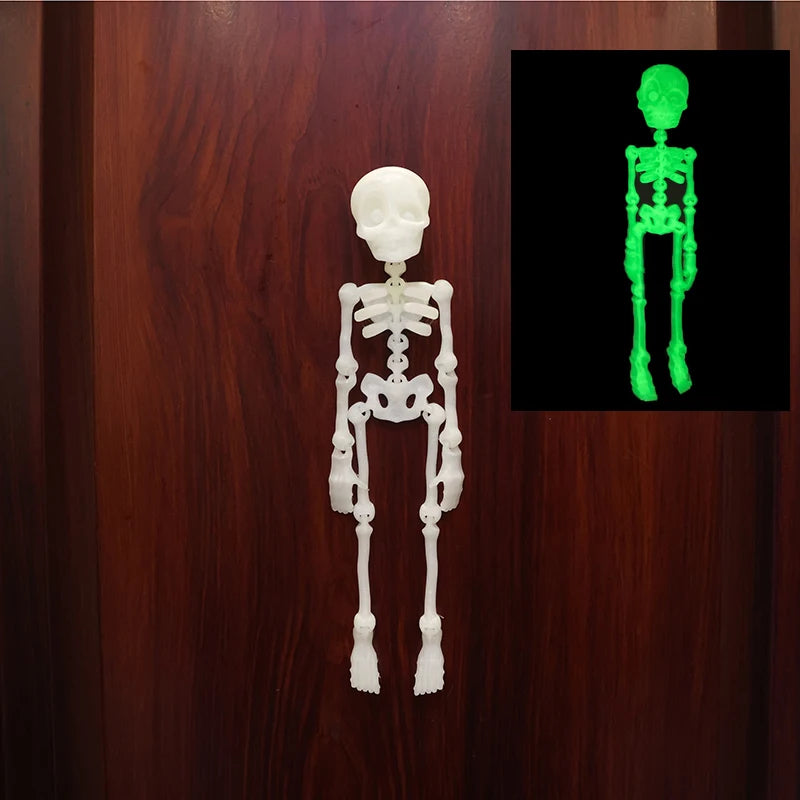 A white anatomical skeleton model is displayed against a dark wooden background, next to a glowing green version.