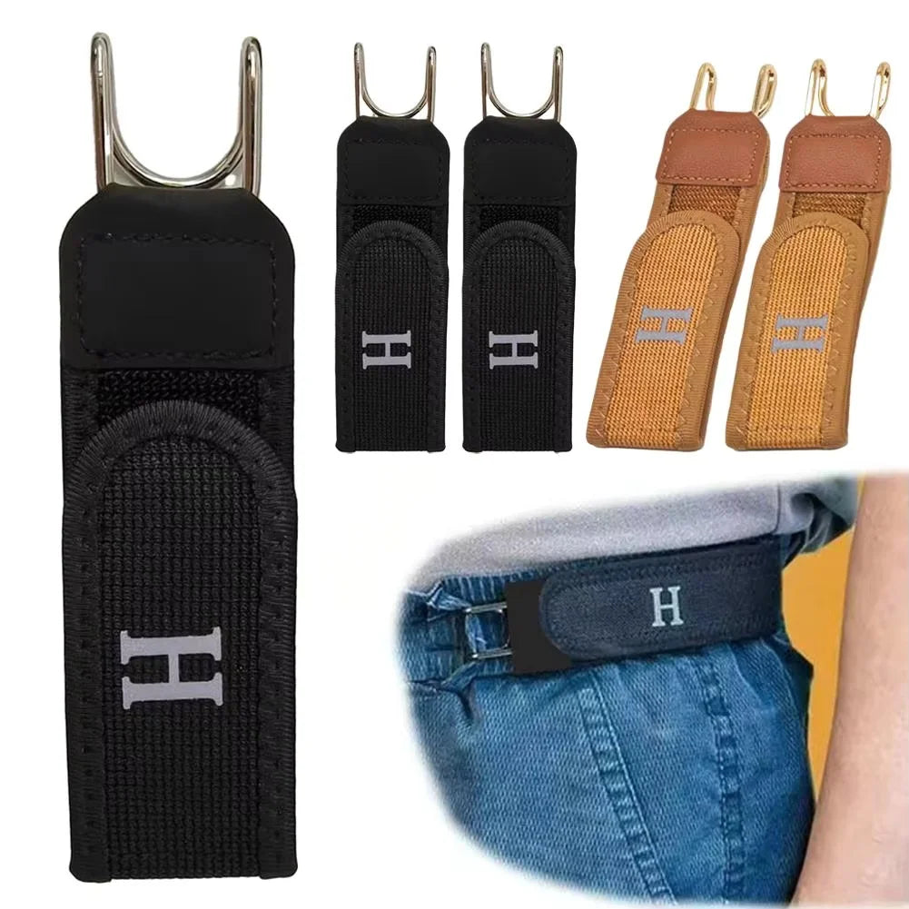 A black adjustable buckleless hook belt is shown next to its components and worn on a person's waist.