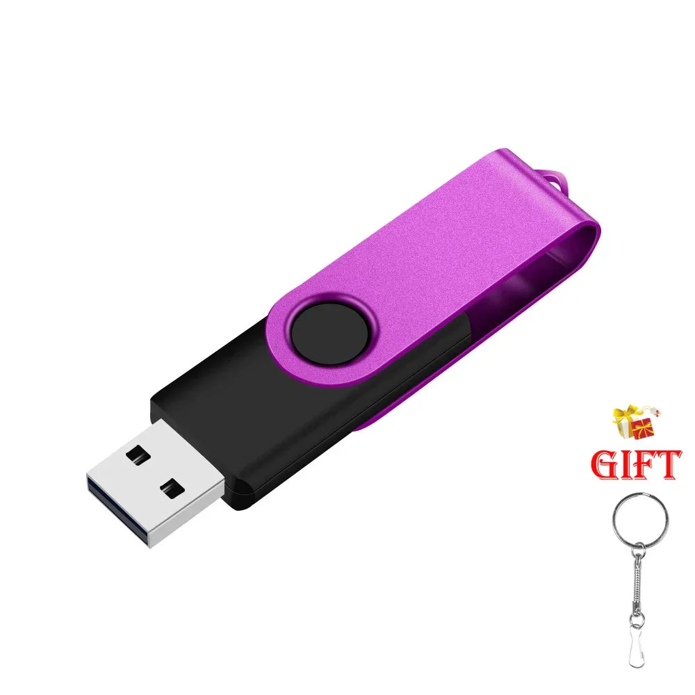 A purple portable USB 2.0 flash drive with a metal keyring attached.
