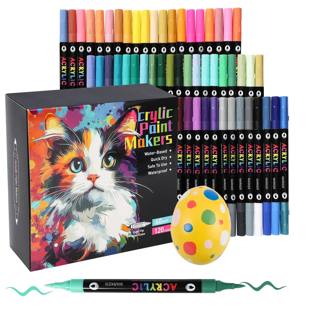 A box of Acrylic Paint Markers featuring various colors and tips, with an example marker shown below.