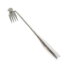 Stainless steel weeding tool with a hook end and a long handle for garden root removal