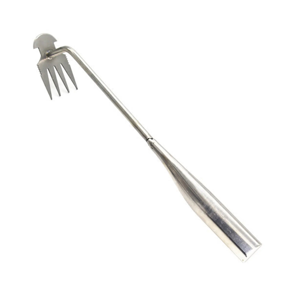 Stainless steel weeding tool with a hook end and a long handle for garden root removal