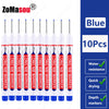 A set of 10 blue long markers with deep holes for woodworking and construction
