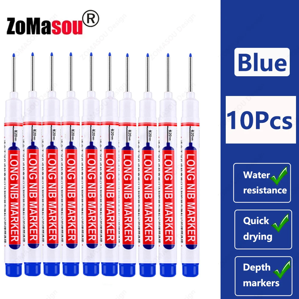 A set of 10 blue long markers with deep holes for woodworking and construction