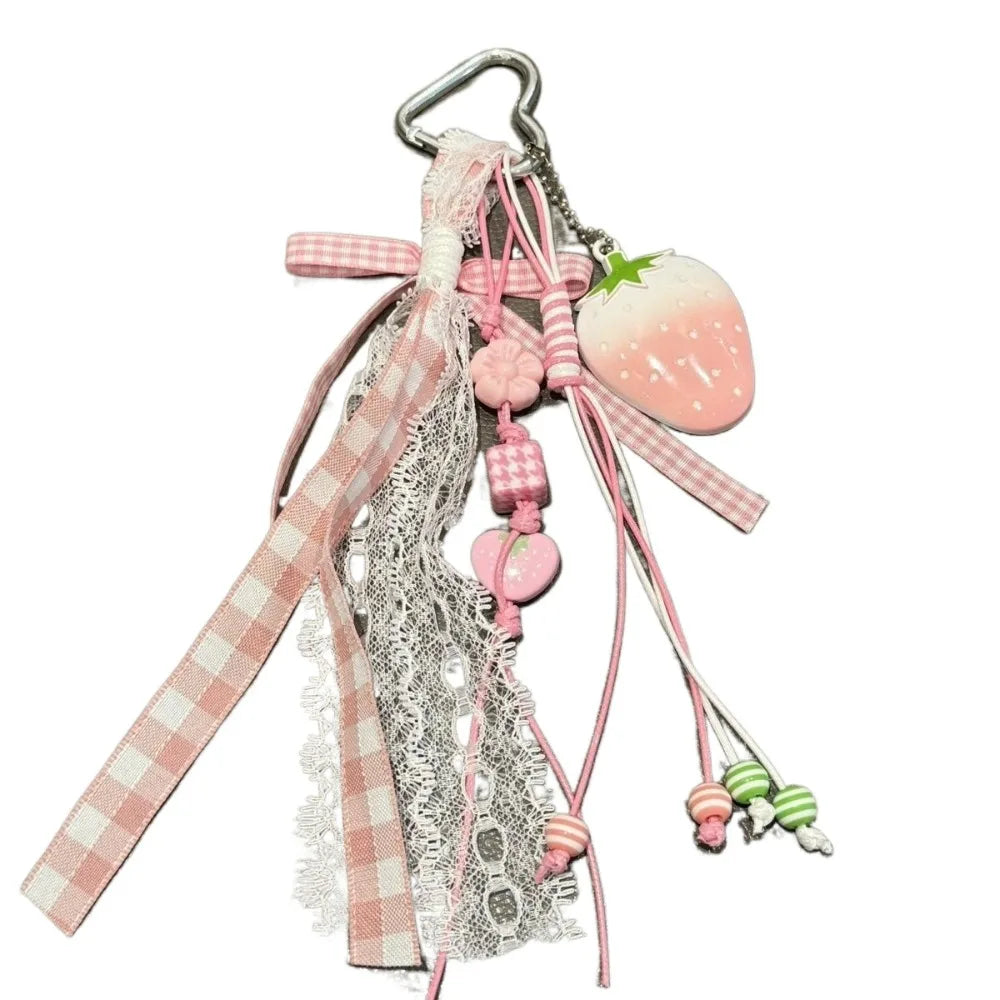Strawberry Bag Charm Keychain with Ribbon Bow