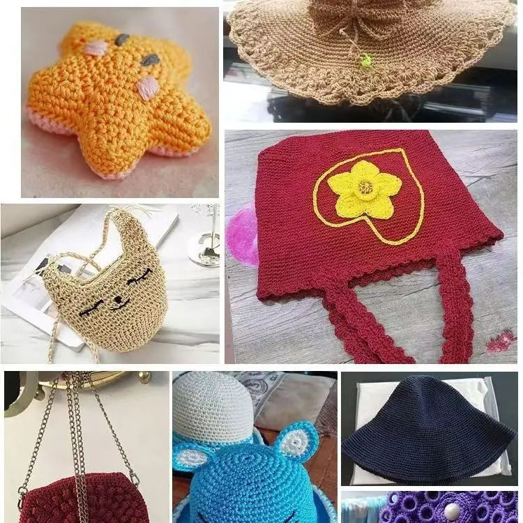 A collection of handmade crochet items including a yellow bear, a red hat with a yellow flower, and various knitted or croche