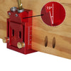 A red pocket hole jig tool is shown next to a wooden board, illustrating a 15-degree angle for woodworking.