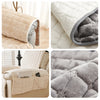 Close-up views of a quilted stretch recliner cover in beige and gray fabric with storage pockets.