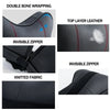 Diagrams showing the construction layers of an ergonomic car neck pillow including double bone wrapping, top layer leather, i